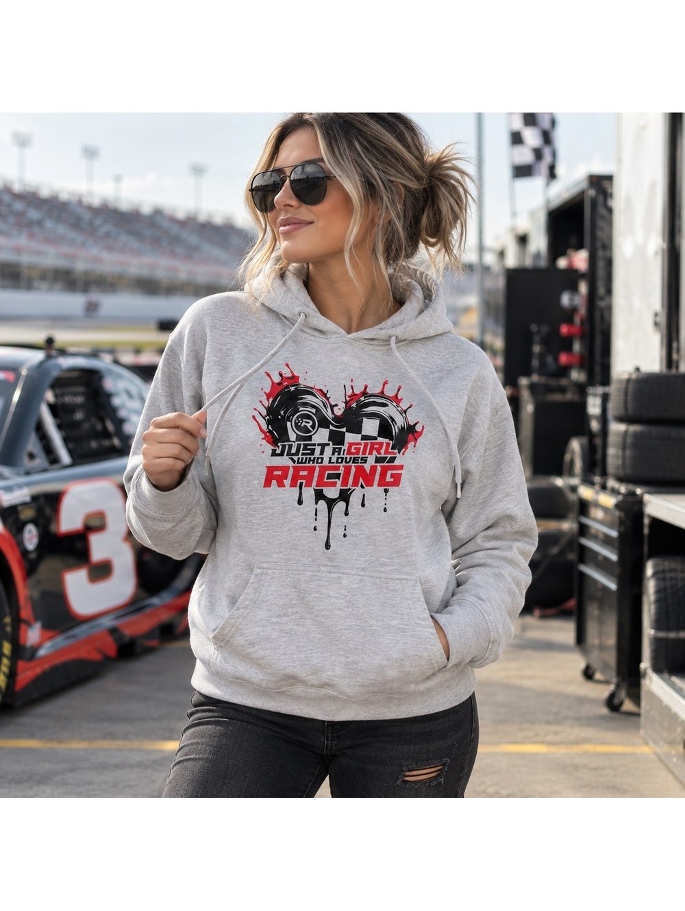 Just A Girl Who Loves Racing Hoodie Womenโs L Gray Graphic Racing Pullover